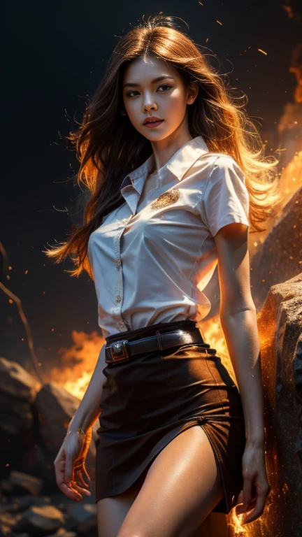 (fire element:1.2), knee shot, It consists of fire element,fire, transparency, burning, Frame print,burning hair,smoke,cloud,chopped, girl engulfed in flames, Flames fly and sparks scatter,mano burning,translucent luminescence, 18s woman in thai university uniform, long straight fire hair, white short-sleeve shirt, black tight mini skirt, brown belt, masterpiece:1.2, high detail, realistic, cinematic scene, fire goddess, slim and perfect figure, , perfect body proportion,k, 16k, close up, portrait photo, dynamic powerful sexy pose, dynamic compositions