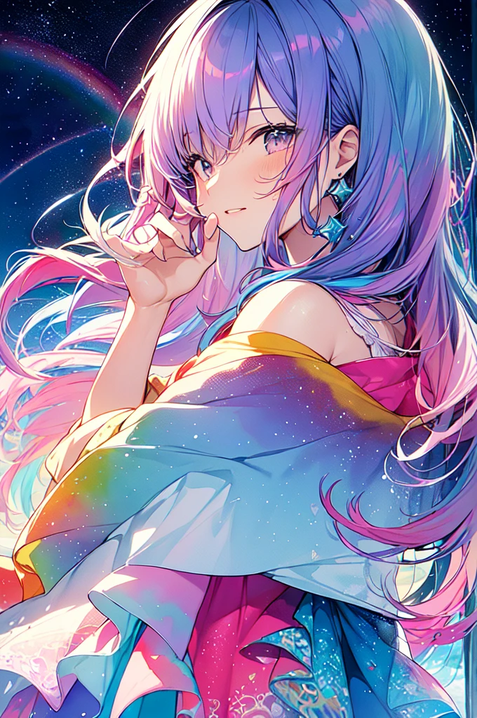 (masterpiece, Highest quality, Highest quality,watercolor (Moderate),Official Art, beautifully、beautiful:1.2),(1 Girl:1.3), (Fractal Art:1.3),Upper Body, From the side, Looking at the audience,pattern,(Rainbow Hair,colorful hair,Half blue、Half pink hair:1.2),water,liquid, cloud,colorful, Starry Sky,performer,