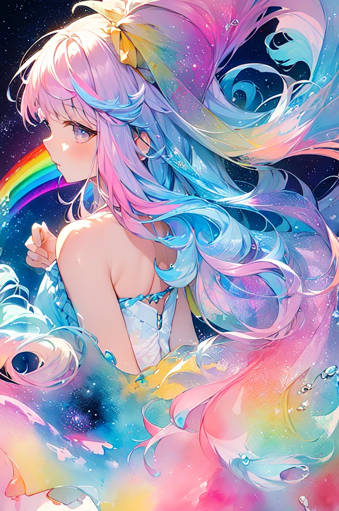 (masterpiece, Highest quality, Highest quality,watercolor (Moderate),Official Art, beautifully、beautiful:1.2),(1 Girl:1.3), (Fractal Art:1.3),Upper Body, From the side, Looking at the audience,pattern,(Rainbow Hair,colorful hair,Half blue、Half pink hair:1.2),water,liquid, cloud,colorful, Starry Sky,performer,