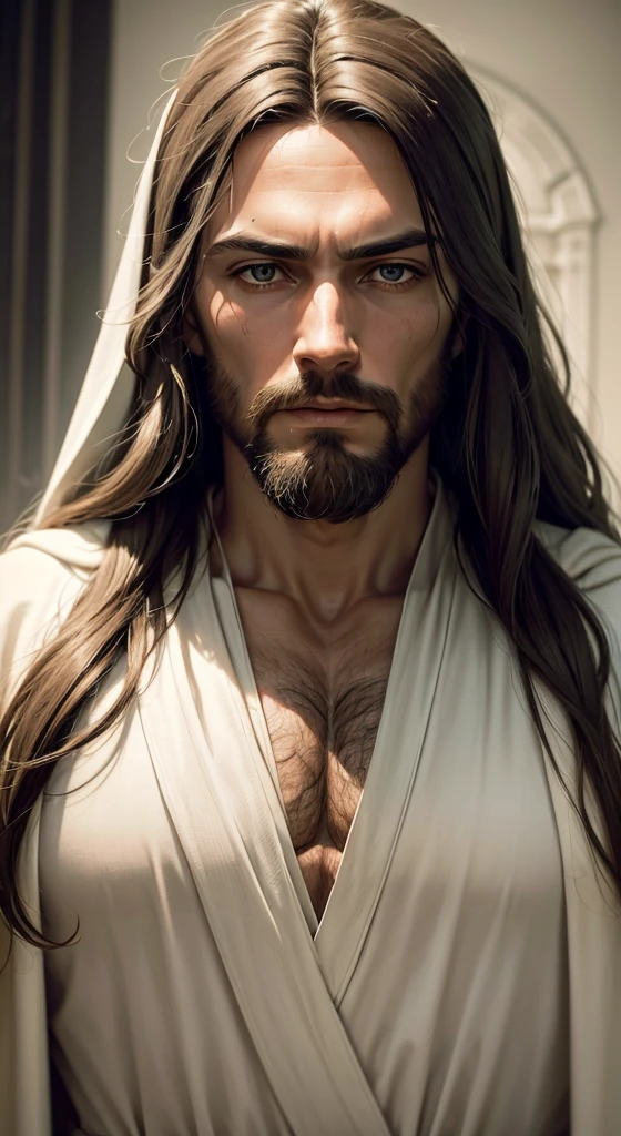 (symetry),centred,a ((Close up)) above portrait,(jesus),a very thin white man, with long hair and beard,wearing a long white robe,35mm,skin natural,clothing detail, 8K texture, 8K, insane details, intricate details, hyperdetailedhighy detailed,realisitic,soft cinematic light,hdr,sharp focus, ((((cinematic appearance)))),intricate, chic, highy detailed