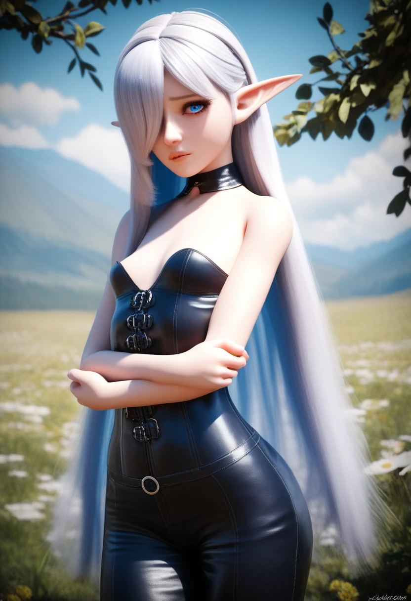 A detailed gnome girl with pale skin, short stature, and very long silver hair that curls at the ends, covering one eye, with small breasts, pouty lips, and bright blue anime-style eyes with long lashes, wearing a leather corset, white puffy-sleeved shirt, and puffy cloth pants, leather bound boots, set in a windy fantasy landscape, (best quality,4k,8k,highres,masterpiece:1.2),ultra-detailed, dungeons and dragons, long elf ears, small girl, detailed skin and cloth textures, beautiful detailed face, intricate details, extremely detailed, 1girl, dynamic pose with hair covering one eye, shy personality