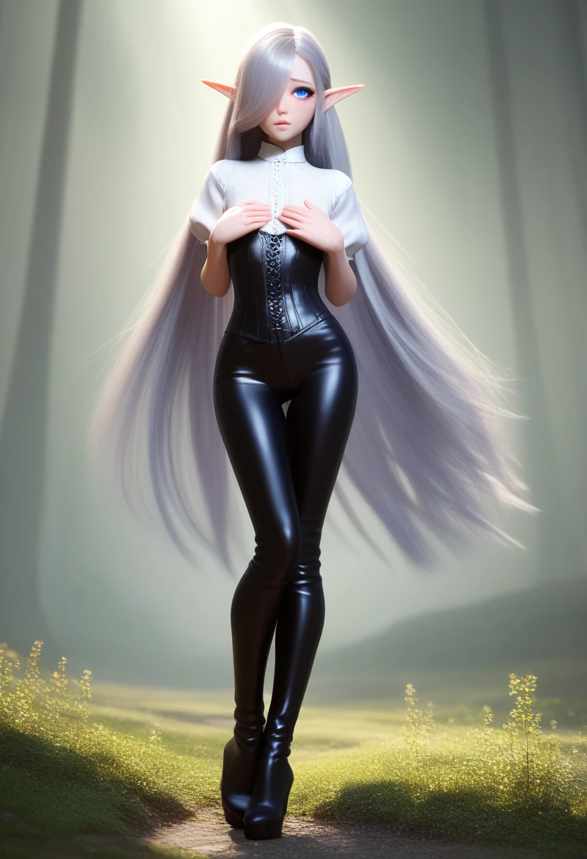 A detailed gnome girl with pale skin, short stature, and very long silver hair that curls at the ends, covering one eye, with small breasts, pouty lips, and bright blue anime-style eyes with long lashes, wearing a leather corset, white puffy-sleeved shirt, and puffy cloth pants, leather bound boots, set in a windy fantasy landscape, (best quality,4k,8k,highres,masterpiece:1.2),ultra-detailed, dungeons and dragons, long elf ears, small girl, detailed skin and cloth textures, beautiful detailed face, intricate details, extremely detailed, 1girl, dynamic pose with hair covering one eye, shy personality