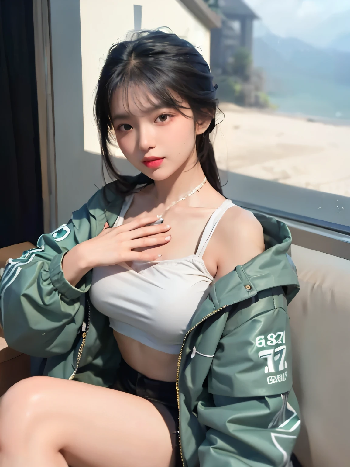 Beautiful 18 Years Old Large Breast , Cleavage Open Jacket , Gracia , Indonesian Influencer , ((Face Focus)), ((Bird View:1.1)), ((Centre:1.1)), ((Symetric Picture:1.1))