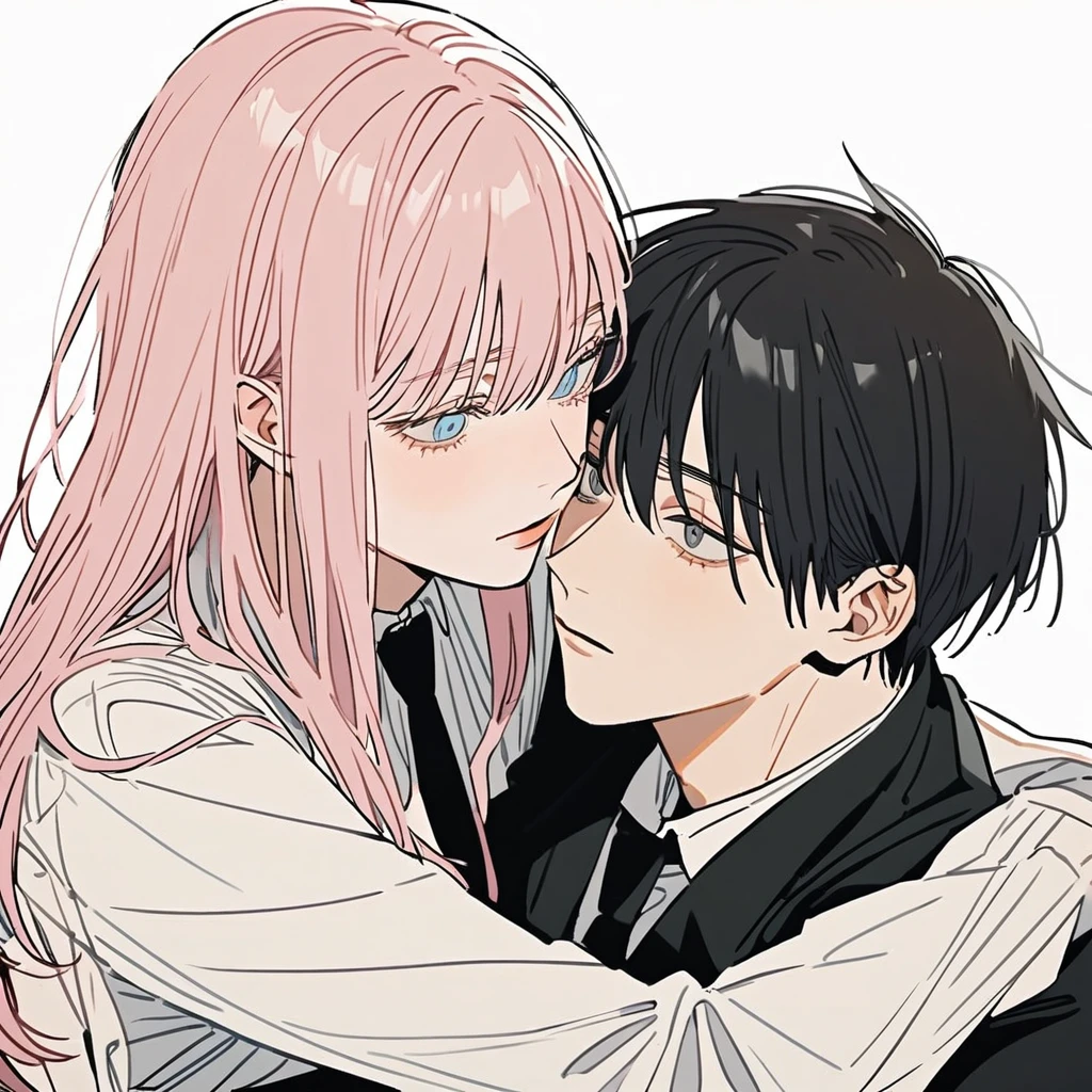 1 older woman with long, light pink hair and blue eyes,hugging 1 younger boy with short black hair and gray eyes,(hug), ((Couple)),both with a white blouse and a black tie, White background, estilo chainsaw man