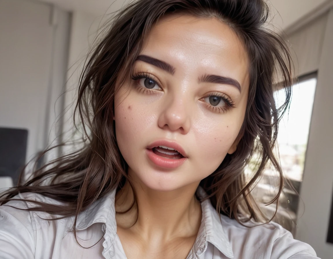 (masterpiece, best quality:1.2), 1girl, solo, a girl take a selfie with a STRICT shirt , HIGHRES, clean face, with accurate face, solo, upper body, potrait, close up potrait, portait photo profile picture, REALISTIC , PHOTOREAL, messy hair, open mouth, perfect face, best image, HIGH RESOLUTION