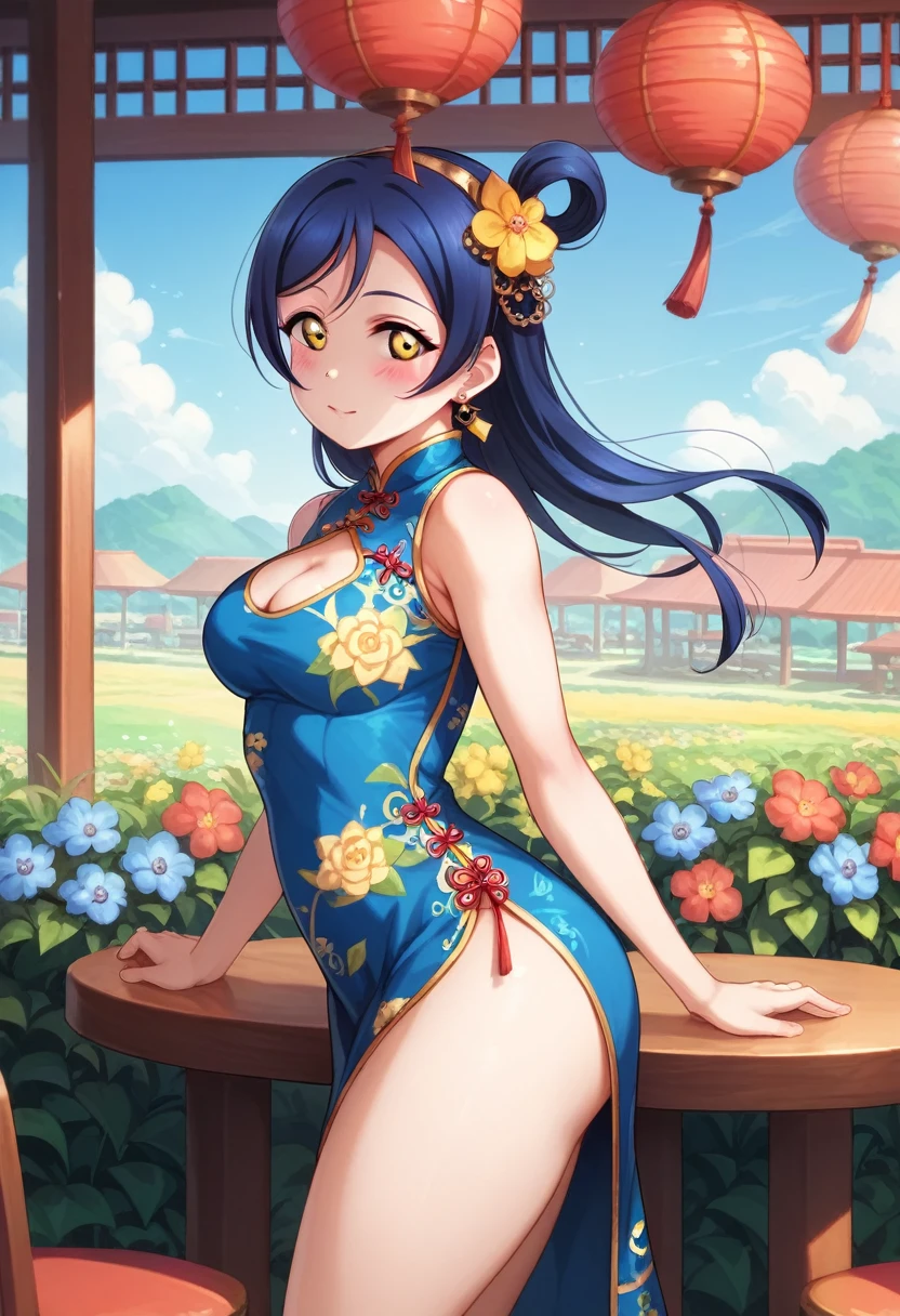 Masterpiece, best quality,Solo, cowboy shot,Sonoda umi love live, Chinese dress, cleavage cutout, flowers printed, day,golden eyes,(blushing:1.2),high side slit , thighs , restaurant , from side , leaning over table 