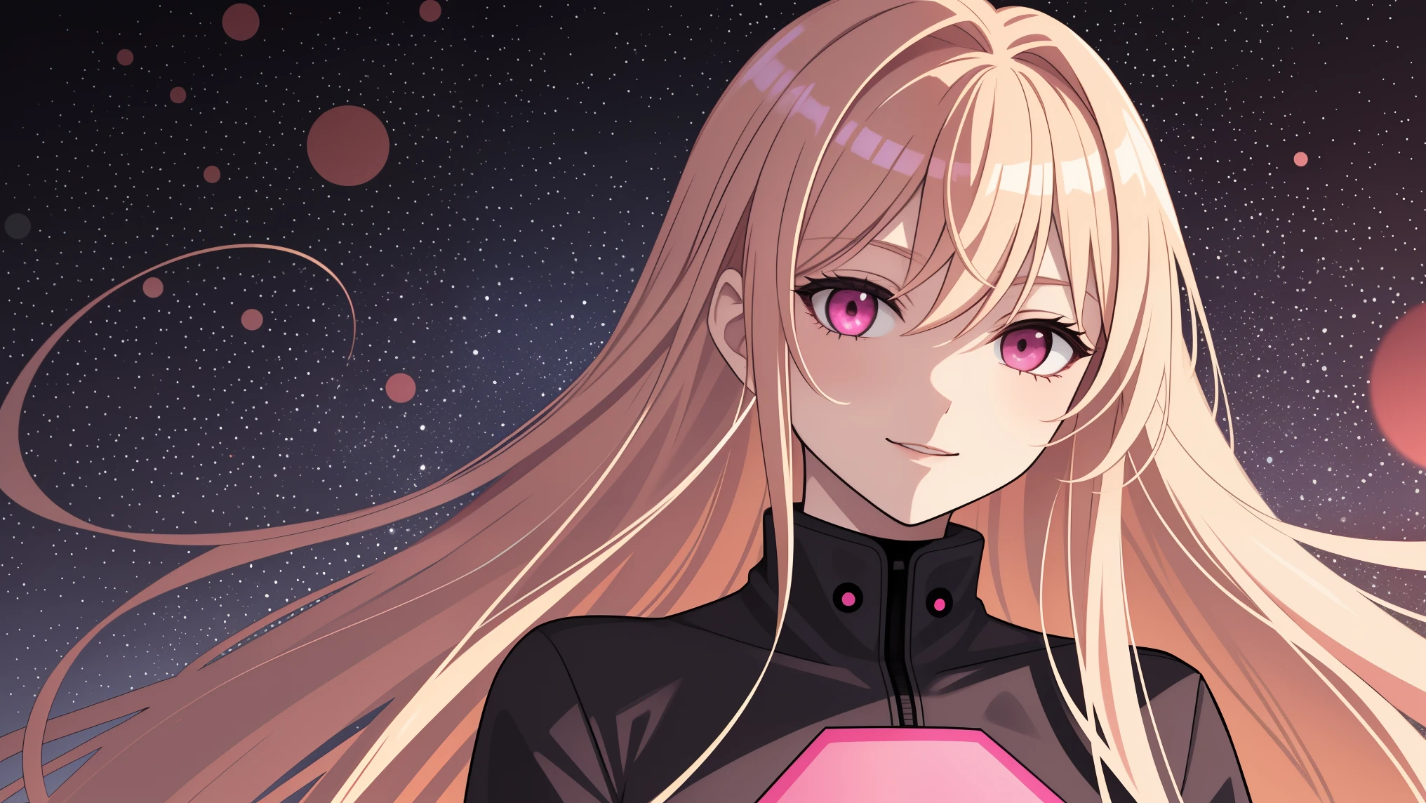 adult woman, pink eyes, long blonde hair, black-pink plugsuit, smile
