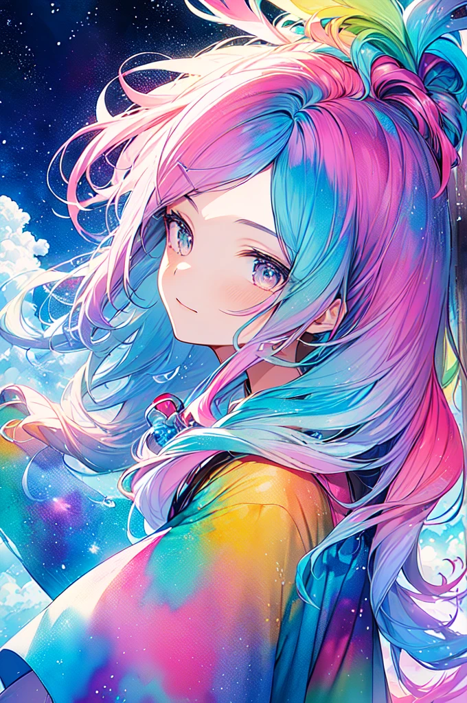 (masterpiece, Highest quality, Highest quality,watercolor (Moderate),Official Art, beautifully、beautiful:1.2),(1 Girl:1.3), (Fractal Art:1.3),Upper Body, From the side, Looking at the audience,pattern,(Rainbow Hair,colorful hair,Half blue、Half pink hair:1.2),water,liquid, cloud,colorful, Starry Sky,performer,