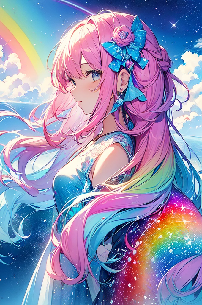 (masterpiece, Highest quality, Highest quality,watercolor (Moderate),Official Art, beautifully、beautiful:1.2),(1 Girl:1.3), (Fractal Art:1.3),Upper Body, From the side, Looking at the audience,pattern,(Rainbow Hair,colorful hair,Half blue、Half pink hair:1.2),water,liquid, cloud,colorful, Starry Sky,performer,
