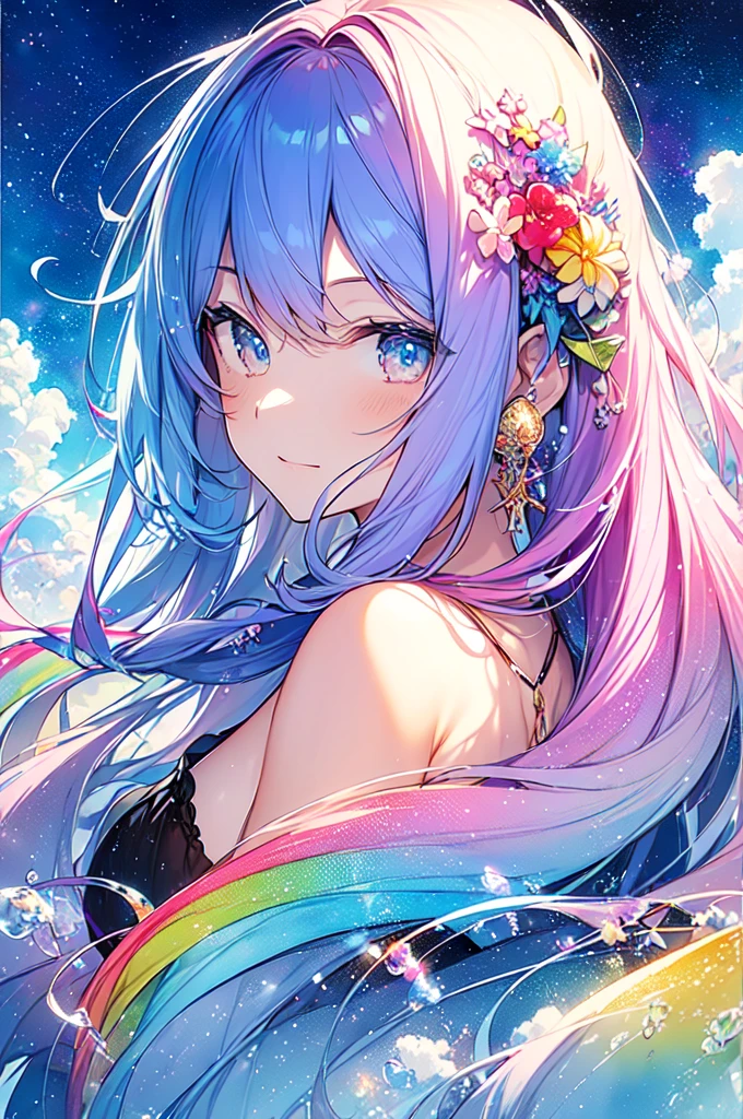 (masterpiece, Highest quality, Highest quality,watercolor (Moderate),Official Art, beautifully、beautiful:1.2),(1 Girl:1.3), (Fractal Art:1.3),Upper Body, From the side, Looking at the audience,pattern,(Rainbow Hair,colorful hair,Half blue、Half pink hair:1.2),water,liquid, cloud,colorful, Starry Sky,performer,