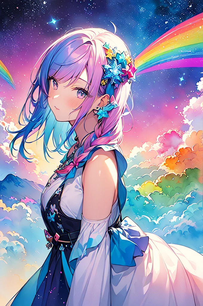 (masterpiece, Highest quality, Highest quality,watercolor (Moderate),Official Art, beautifully、beautiful:1.2),(1 Girl:1.3), (Fractal Art:1.3),Upper Body, From the side, Looking at the audience,pattern,(Rainbow Hair,colorful hair,Half blue、Half pink hair:1.2),water,liquid, cloud,colorful, Starry Sky,performer,