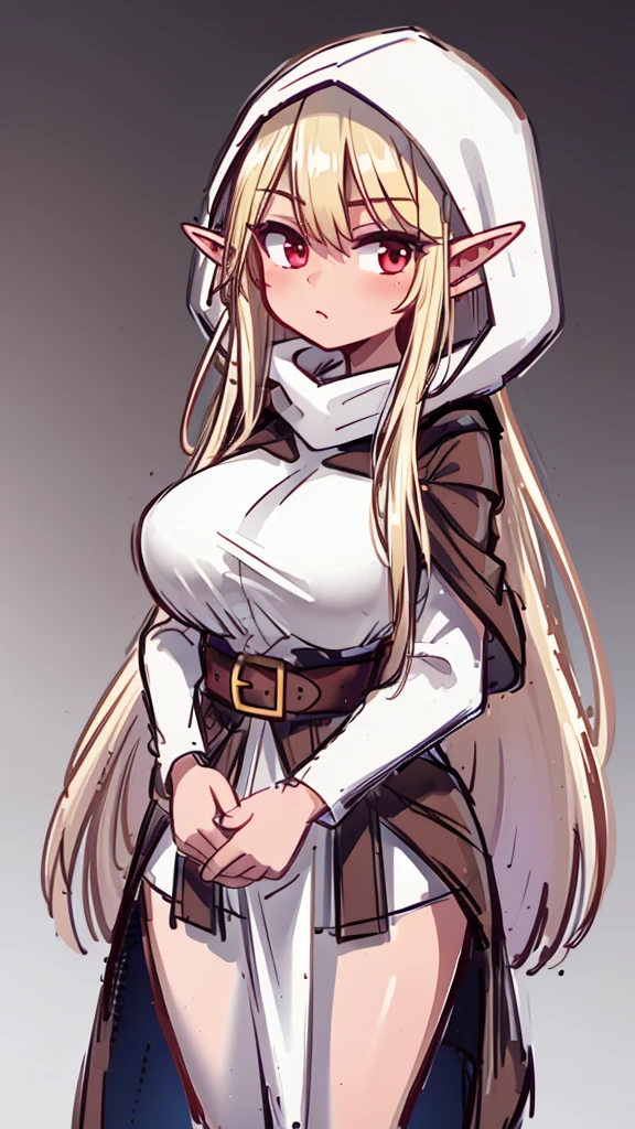 (tanned elf girl:1.2), (long hair), (solo:1.2), (gradient brown background:1.2), (cloak hooded belts:1.2), (dagger:1.0), (clothed breasts:1.2)