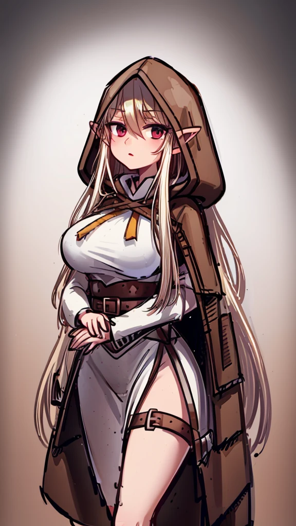 (tanned elf girl:1.2), (long hair), (solo:1.2), (gradient brown background:1.2), (cloak hooded belts:1.2), (dagger:1.0), (clothed breasts:1.2)