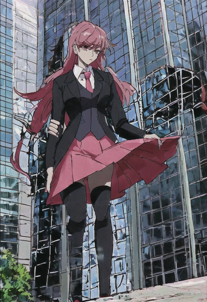 Make a anime black business woman in a red skirt suit outside of a evil company building