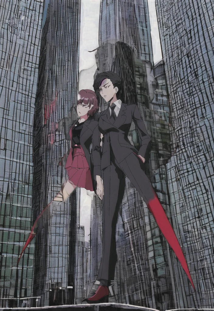 Make a anime black business woman in a red skirt suit outside of a evil company building 