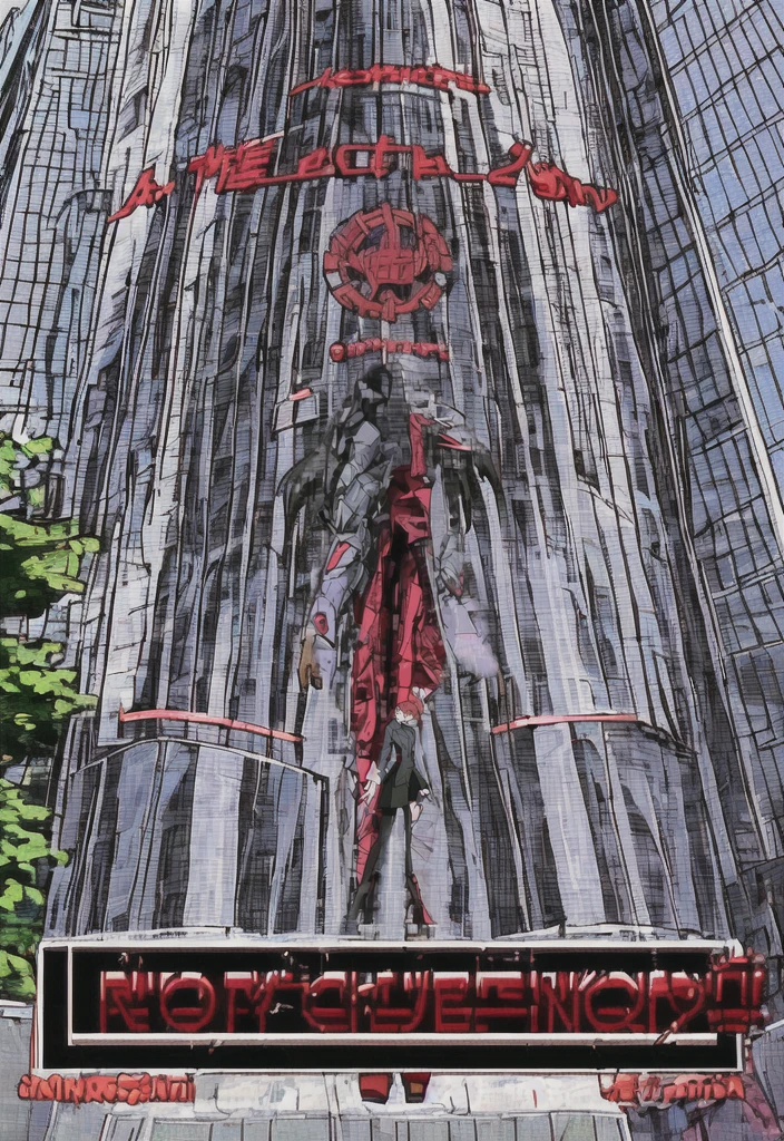 Make a anime black business woman in a red skirt suit outside of a evil company building