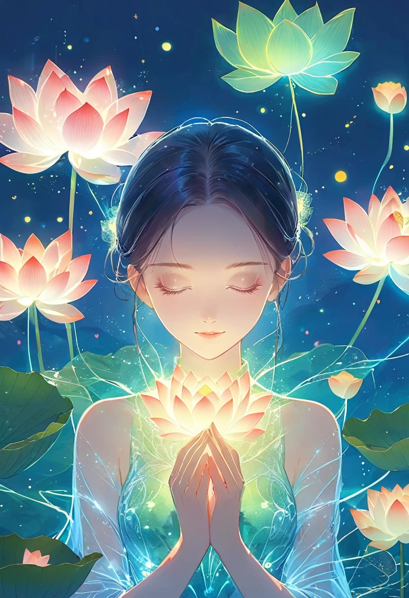 (masterpiece, best quality:1.2), In digital art style, charming illustration,peaceful picture,1 girl, beautiful eyes,Hands together,tall lotus,alone,body glow,Glowing lines,fluorescence,glow example,Example tracking,flash,萤light particles,Backlight,Translucent,light particles,Correct human anatomy,