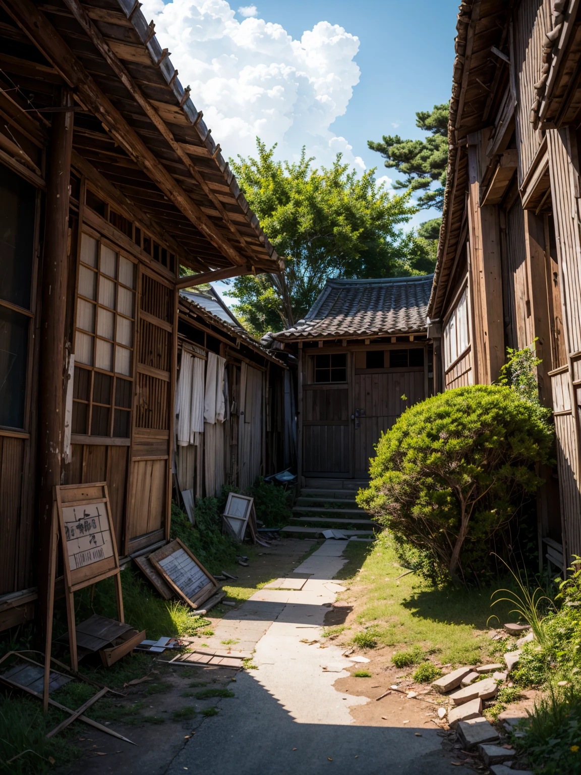 absurdres, (masutepiece:0.8), (best quality:1.3), 8k, 4k, ultra-detailed, (sharp focus:1.5), (realistic, photo-realistic:1.3), HDR, UHD, studio lighting, ultra-fine painting, sharp focus, physically-based rendering, extreme detail description, professional, vivid colors, ultra-detailed abandoned old japanese rural town shopping street, decrepit buildings, atmospheric, overgrown vegetation, natural lighting, warm color tones,