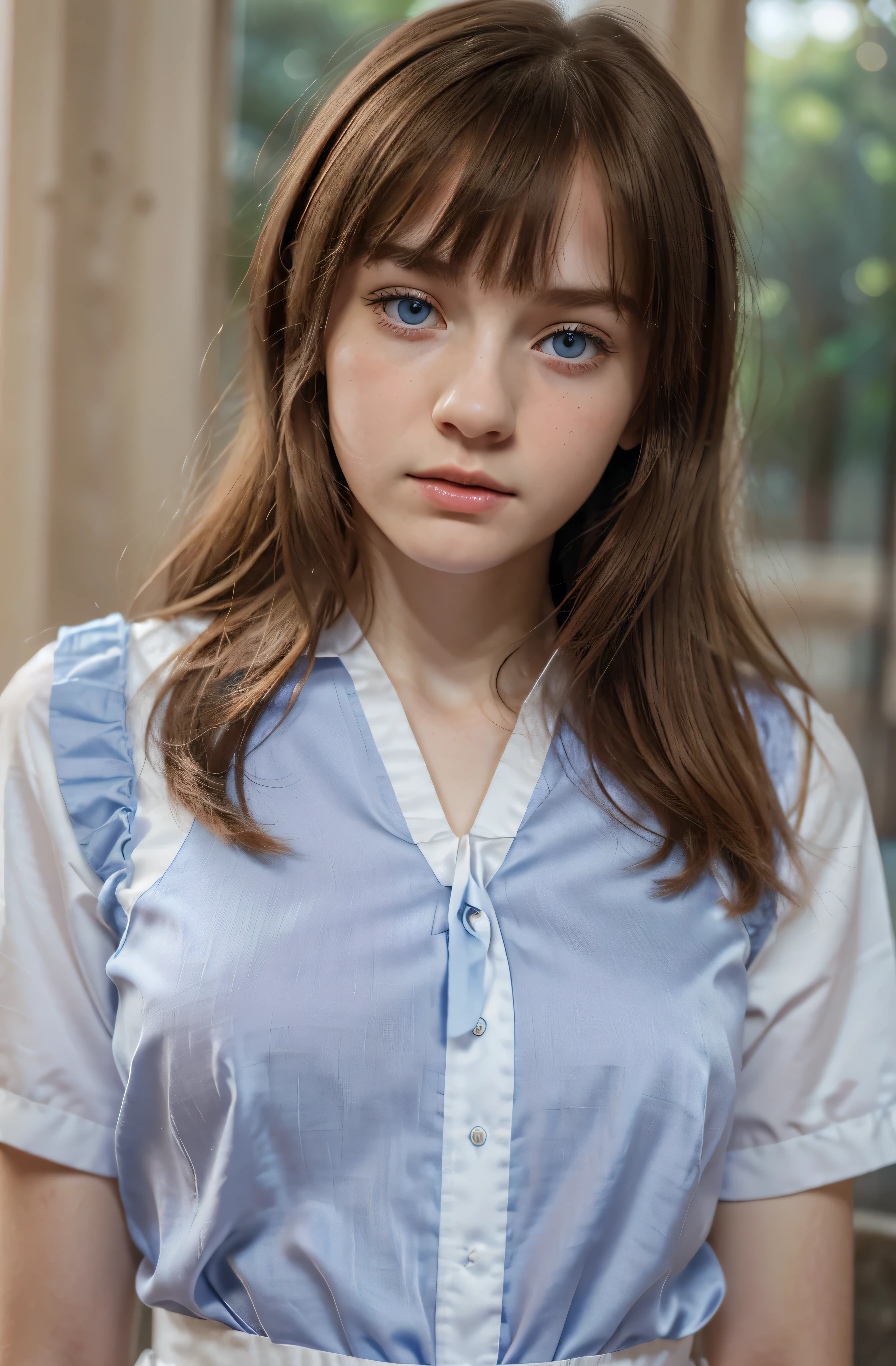 (best quality,hyper-realistic,ultra-detailed,8k), teenager, , shy, sad, paleness, big blue eyes, very white skin, small nose, very short brown hair with bangs, melancholy, delicate, feminine, skinny, elegant school blue uniform, red tie, brilliant day, Pink silk laces, sagrada familia of Barcelona.