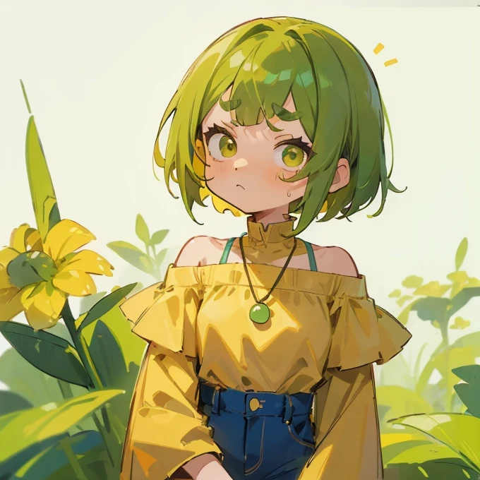 (masterpiece, Highest quality:1.2), (2 head body chibi character:1.1), Yellow-green hair, Bob Hair, Yellow-green eyes, Yellow off-shoulder blouse, Denim shorts, Short bangs, Thick eyebrows, Edamame Necklace, Quiet atmosphere, Troubled face, View your viewers, (Photo studio with a plain white background:1.0)