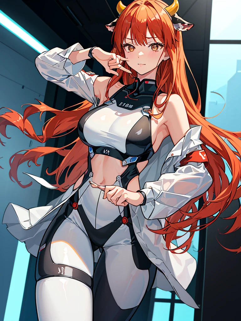 Cow horn、(俯瞰figure),Dynamic Angle,Super detailed, figure, close, Straight, One girl, 
 ((Soryu Asuka Langley, Interface Headset, Cow print bodysuit:1.4, blonde)),Her eyes shone like dream-like stars,(Glowing Eyes:1.233),(Beautiful and detailed:1.1),(Expressionless,Mouth closed),(Are standing), 
(In a white spaceship、Mechanic room with tools and spaceship window),
(night:1.2),dream-like, [[Delicate fingers and hands:0.55]::0.85],(Finger details),