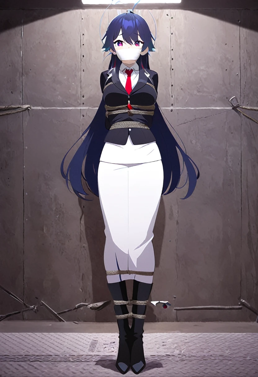(bound wirsts), (arms behind back), (tapegag, tape gag), dramatic, (looking at viewer), (detailed pupils:1.3) ,perfect famale body,The character has distinctive fish ears, suggesting a non-human or fantasy origin. She is dressed in a formal outfit consisting of a black blazer, a white shirt, a red tie, and a white skirt that flares out slightly at the bottom. She also wears black boots. The character's expression appears happy , and she is standing ,long skirt, pencil skirt ,long hair,blue hair,