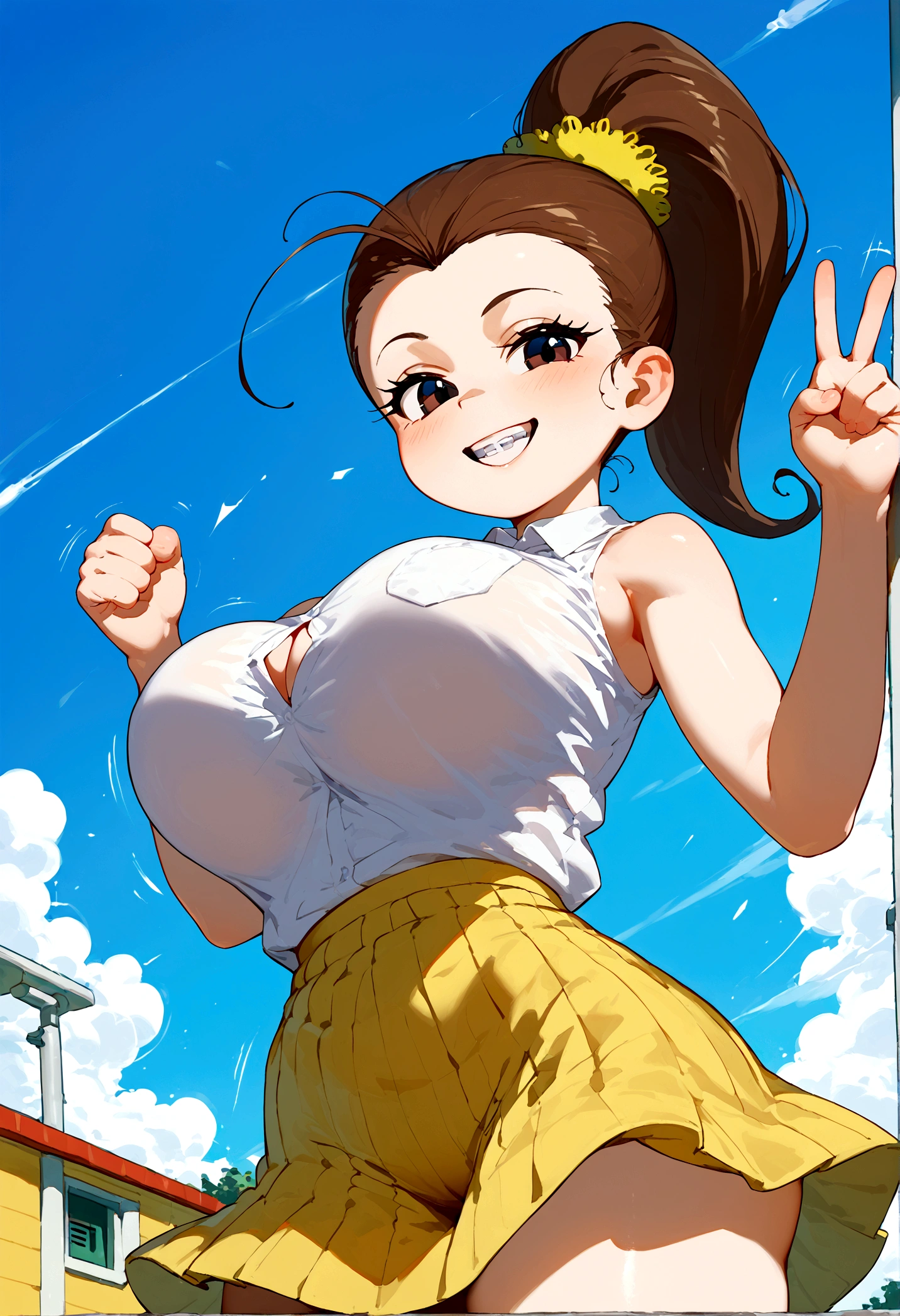 score_9, score_8_up, score_7_up, score_6_up, score_5_up, source_cartoon, source_explicit, (Cartoon:1.0), BREAK Luan Loud, 1girl, solo, long hair, smile, skirt, looking at viewer, brown hair, yellow skirt, white shirt, room, shirt, hair ornament, bare shoulders, white shirt, ponytail, flower, teeth, big breasts, black eyes, v, high ponytail, clenched hands, alternate breast size, emphasis lines,below,outdoors,from behind, big breasts, wind gust,big butt,panty peek, looking at viewer, blush