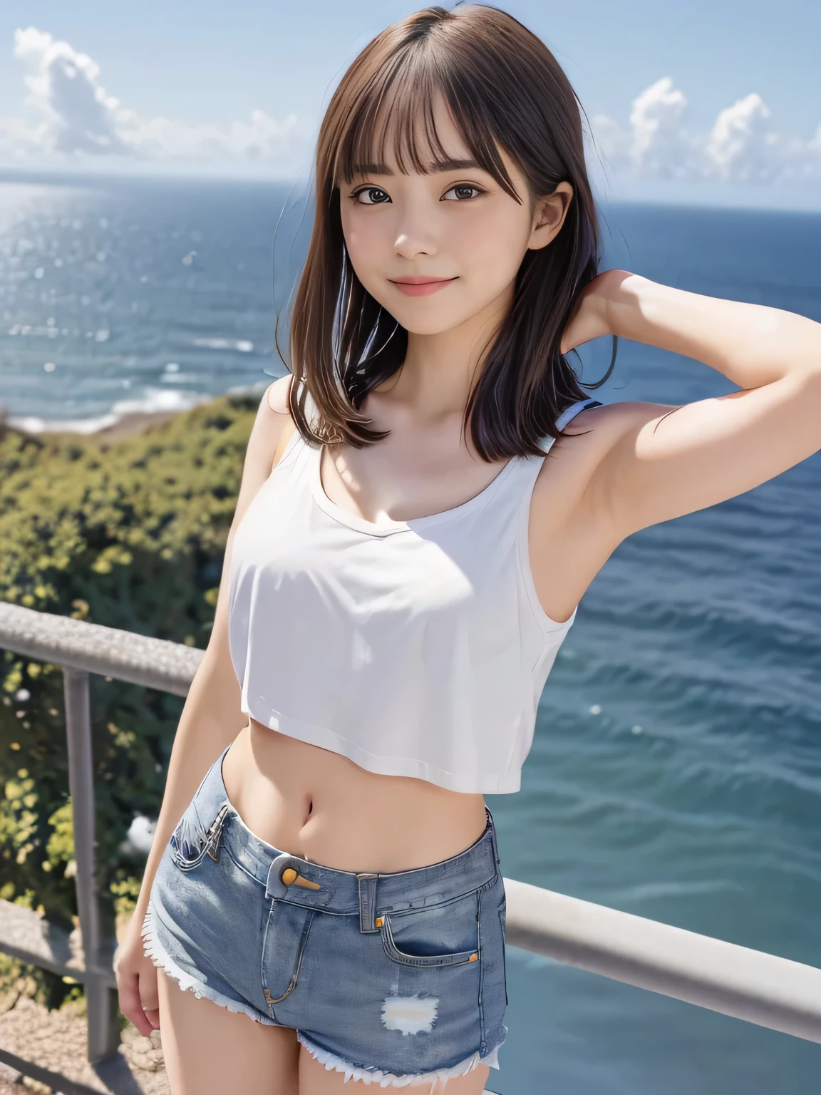 {there is a young girl standing by a cliff overlooking the ocean. she is beautiful, and attractive. she is wearing a white singlet, and denim shorts. the singlet is short, and you can see her stomach. the denim shorts are low on the waste, and short. she has beautiful long brown hair, and beautiful hazel eyes. there is railings near the cliff edge. there is a full view of the ocean from the cliff. there some bushes also nearby the girl, and the is a couple of clouds near the sun in the far background. there is also some seagulls nearby her flying, and her hair is flowing in the wind}, 1girl, 25 years old woman, 1girl, 25 years old woman, medium breasts, cute face, beautiful face, (perfectly detailed face), ((looking at viewer)), Hands behind the body, hands behind head, Simple Background, photorealistic, (bokeh), UHD, anatomically correct, highres