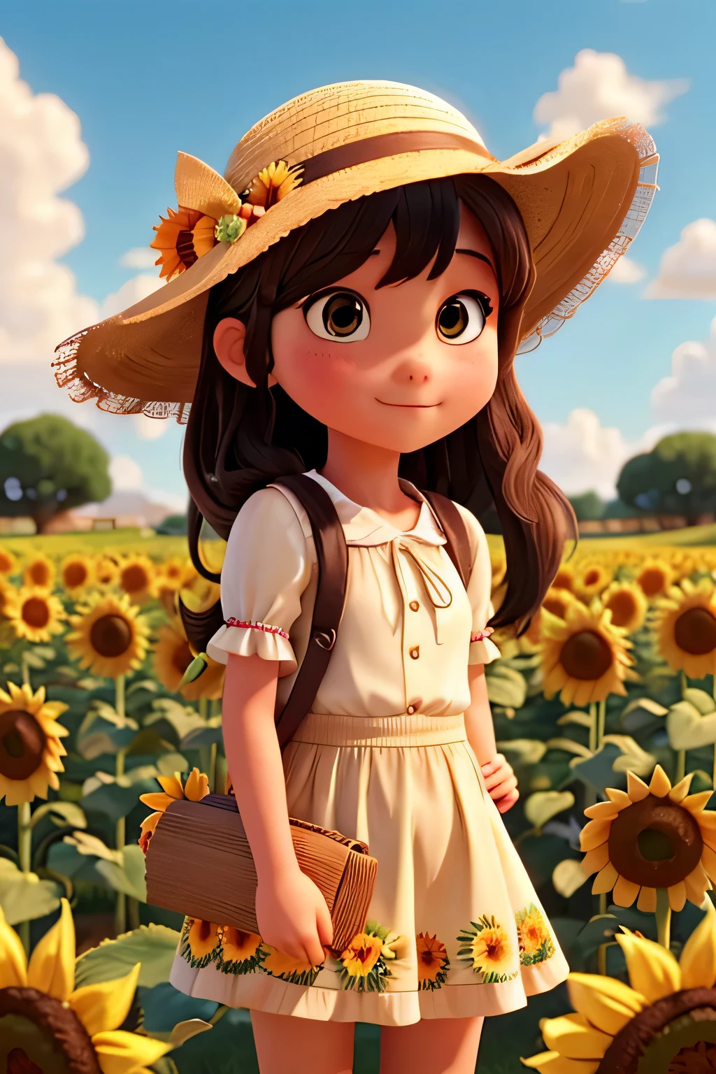 A girl wearing a straw hat holding a sunflower