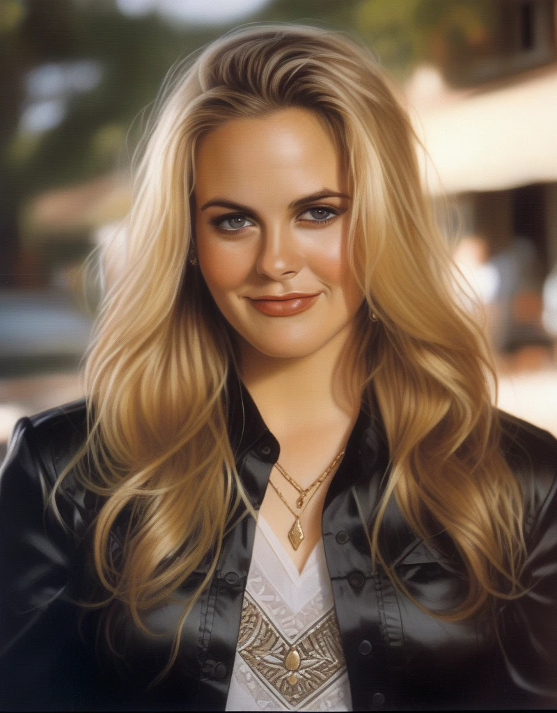 (AliciaSilverstone) blonde hair,(art by Tim Okamura:1.0) , photograph, Luminous thick Girl, wearing satin shirt, Cel shading,film grain, film camera, F/14, K