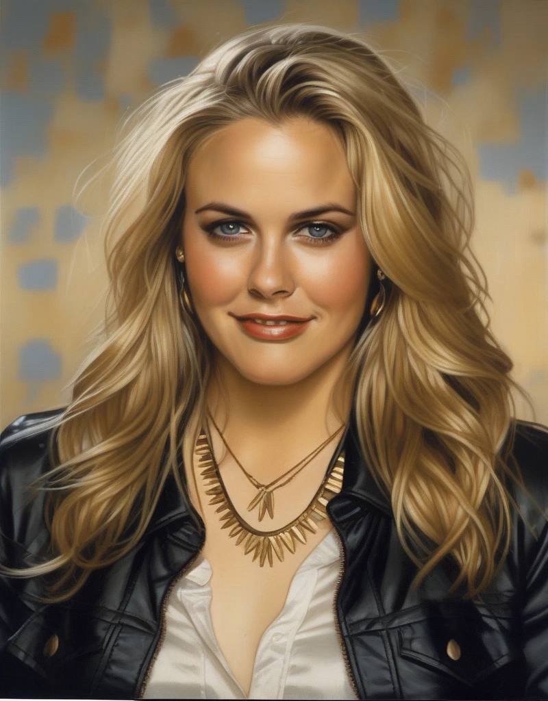 (AliciaSilverstone) blonde hair,(art by Tim Okamura:1.0) , photograph, Luminous thick Girl, wearing satin shirt, Cel shading,film grain, film camera, F/14, K