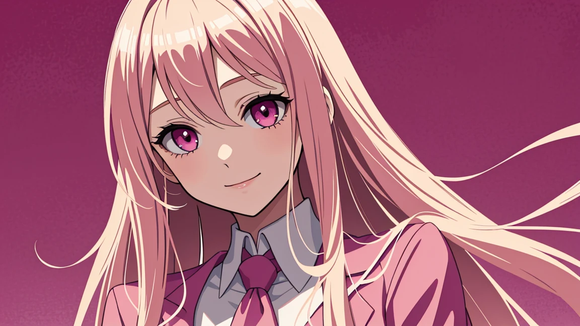 adult woman, pink eyes, long blonde hair, pink suit, smile