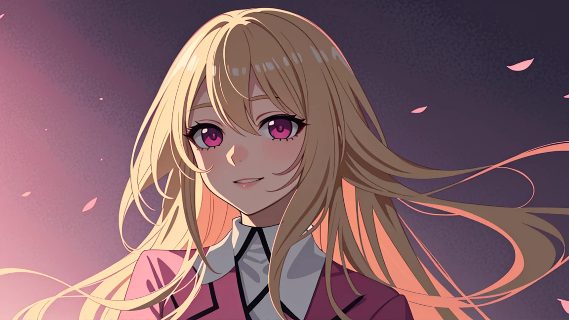 adult woman, pink eyes, long blonde hair, pink suit, smile