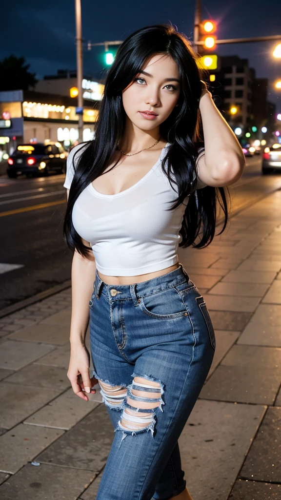 A sexy girl, wavy hair, eyeshadow, eyeliners, eyelash, double eyelid, blush on, braless, wearing casual white tight basic shirt with u-neck spandex short-sleeve and ripped short pants jeans, stilettos, high heels, seductive pose, night at downtown sidewalk, front view, standing on the floor, dynamic lighting, masterpiece, ultra detailed, movie scene, dramatic photo, perspective, vignette, cinematic