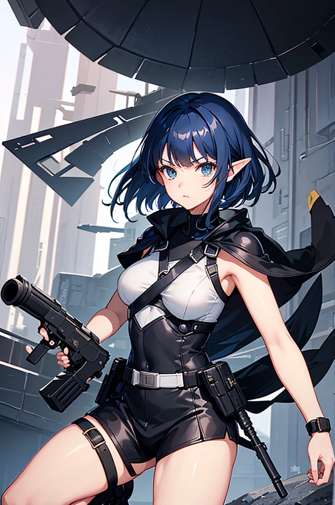 Create a high-quality image featuring an elf girl with dark navy-blue hair and straight-cut bangs. She is a member of a special forces police unit, holding a handgun in her left hand and a lightsaber in her right hand. The background should feature a city inside a dome, with a black armored vehicle beside her.