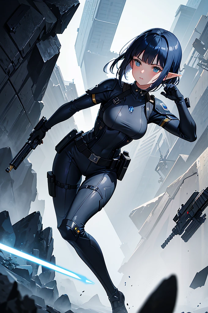 Create a high-quality image featuring an elf girl with dark navy-blue hair and straight-cut bangs. She is a member of a special forces police unit, holding a handgun in her left hand and a lightsaber in her right hand. The background should feature a city inside a dome, with a black armored vehicle beside her. 