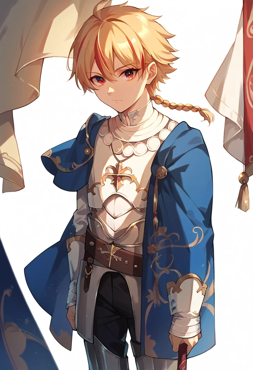 best quality, masterpiece, anime boy , young boy, 24 years old,  1boy, , short hair, cute face, perfect shot, perfect anatomy, medieval, white background, full body, solo boy, 4k, high resolution , detailed face, detailed eyes, red eyes, standing, single braid