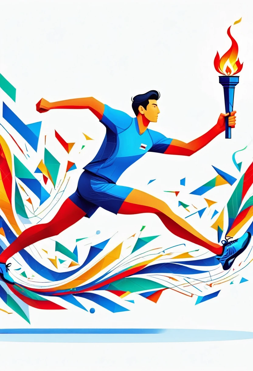 1 person, sock, sports shoes, Red shorts, Blue shirt,holding a torch,Olympic torch,geometry, Art, beautiful, rich and colorful, masterpiece, Top quality, best quality, official Art, beautiful and aesthetic, running, running track, track and field, bloom, track, Race, Asia, whole body.