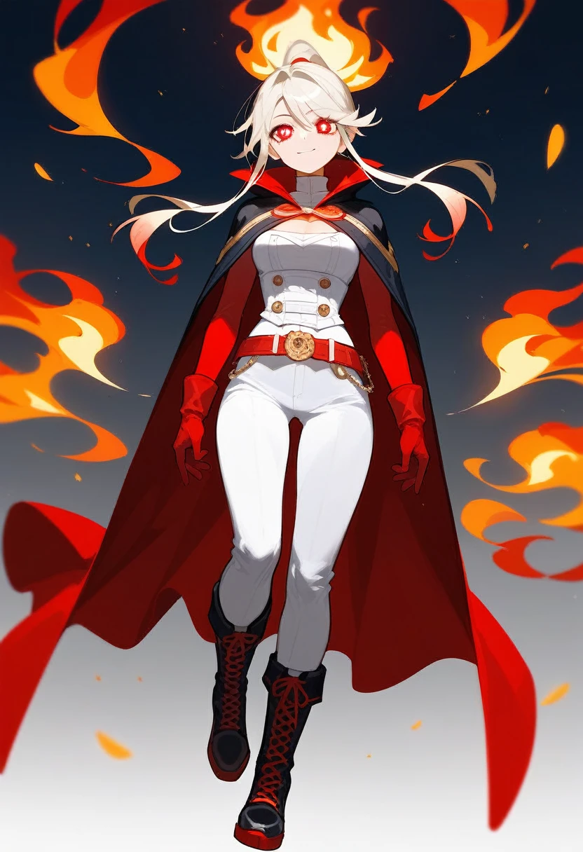 Woman,
Red eyes,
Flame-shaped pupils with a flickering inner light.
Red gradient hair fading to golden tips, tied in a sleek ponytail with two loose locks framing her face.
Chest Adornment : A stack of white feathers.
Top : Fitted, complements athletic build.
Waist : A belt accentuating her figure.
Tight white pants.
Black leg rings.
Long black boots.
Black and red gloves.
Cloak : Red with golden edges.
Personality and Background :
Confident, bold, and fiercely independent.
Leader with a compassionate heart and a deep sense of justice and spirit of a fighter
From a lineage of warriors, trained in combat and strategy.
Possesses fire manipulation abilities.
Motivated to protect her homeland and uphold her family's legacy.