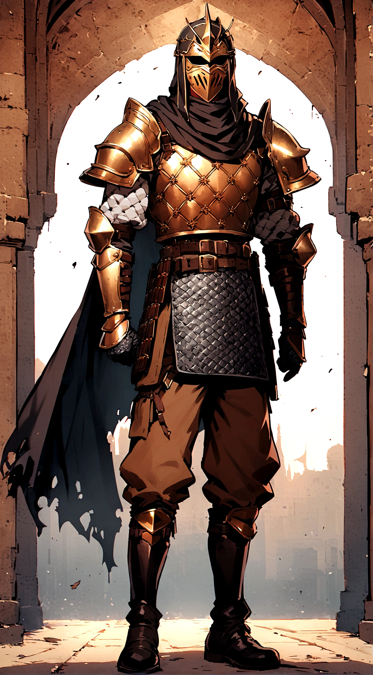 1boy, armor, light armor, gambeson, chainmail, brown pants, boots, copper armor, Armored knight, bandolier, belts, ragged cloak, ragged shoulder cape, ragged side-Tassets, black Tassets, tattered scarf, black scarf, Porcelain mask, teathre mask, Height=1.83m, BodyType=slim fit, masked, helmet, bandages, Middle Eastern inspiration, sultan's guard, mysterious appearance, Midle eastern armor, cataphract, Persian knight