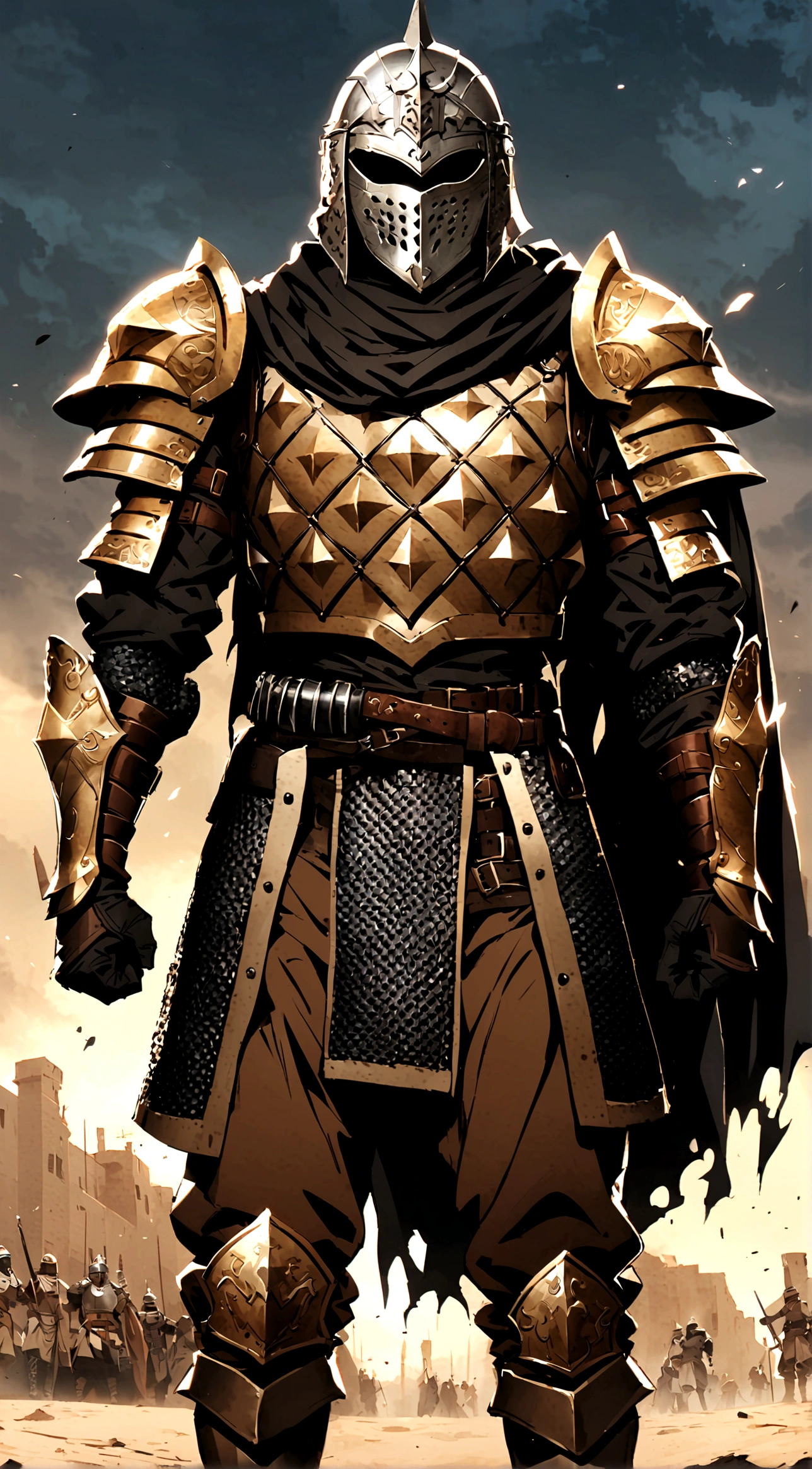 1boy, armor, light armor, gambeson, chainmail, brown pants, boots, copper armor, Armored knight, bandolier, belts, ragged cloak, ragged shoulder cape, ragged side-Tassets, black Tassets, tattered scarf, black scarf, Porcelain mask, teathre mask, Height=1.83m, BodyType=slim fit, masked, helmet, bandages, Middle Eastern inspiration, sultan's guard, mysterious appearance, Midle eastern armor, cataphract, Persian knight