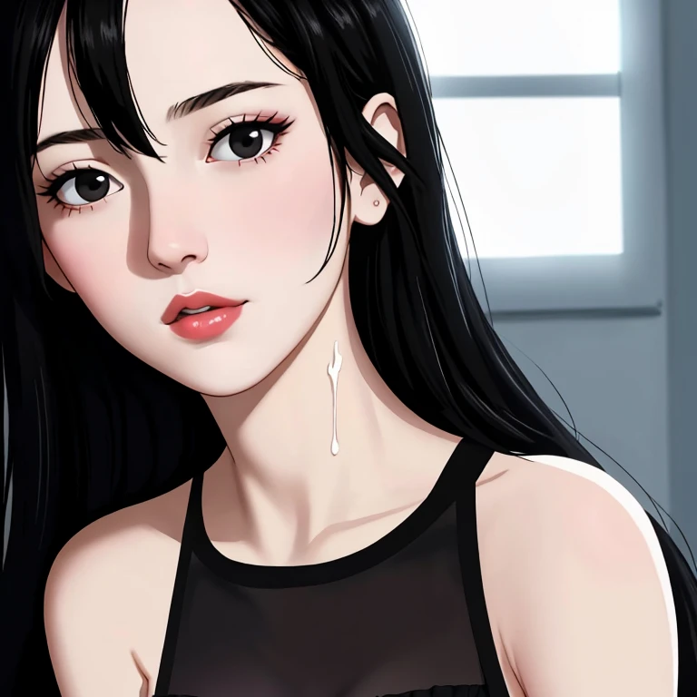 beautiful girl with realistic black eyes, pale skin, mid-length black hair,  on perfect face, perfect eyes, wearing sheet sundress, highly detailed, comprehensive cinematic, digital painting, 8k, cinematic lighting, best quality, highres, detailed work, post-processing, perfect result, hyper realistic