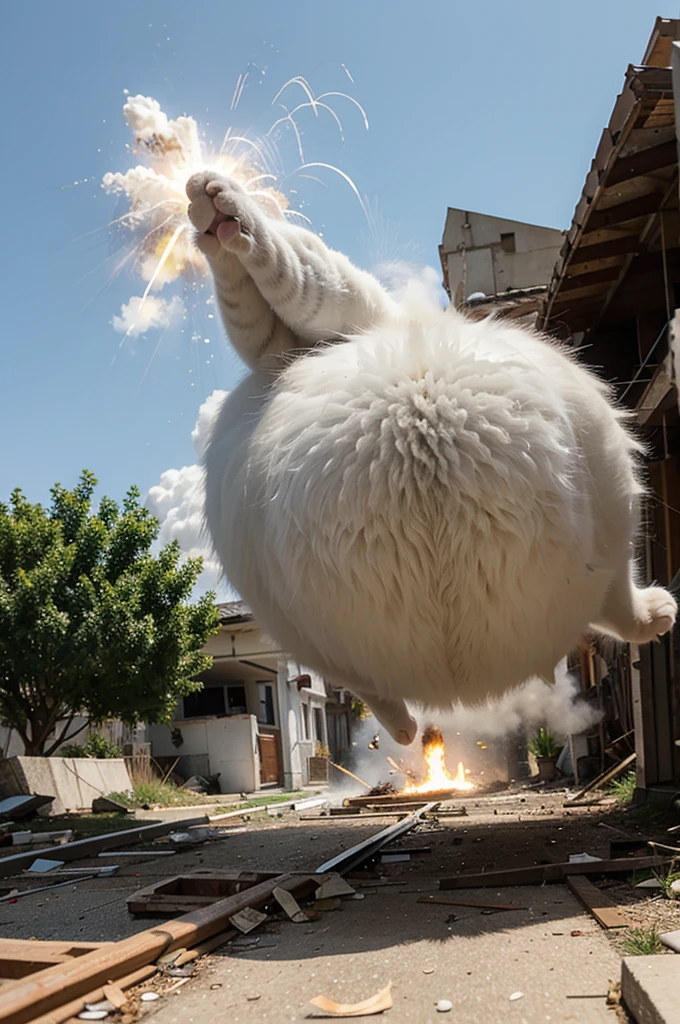 white cat escaping from an explosion