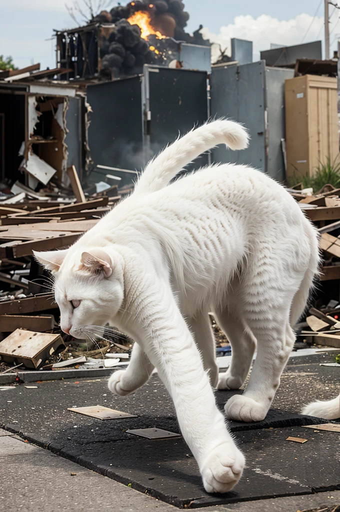 white cat escaping from an explosion