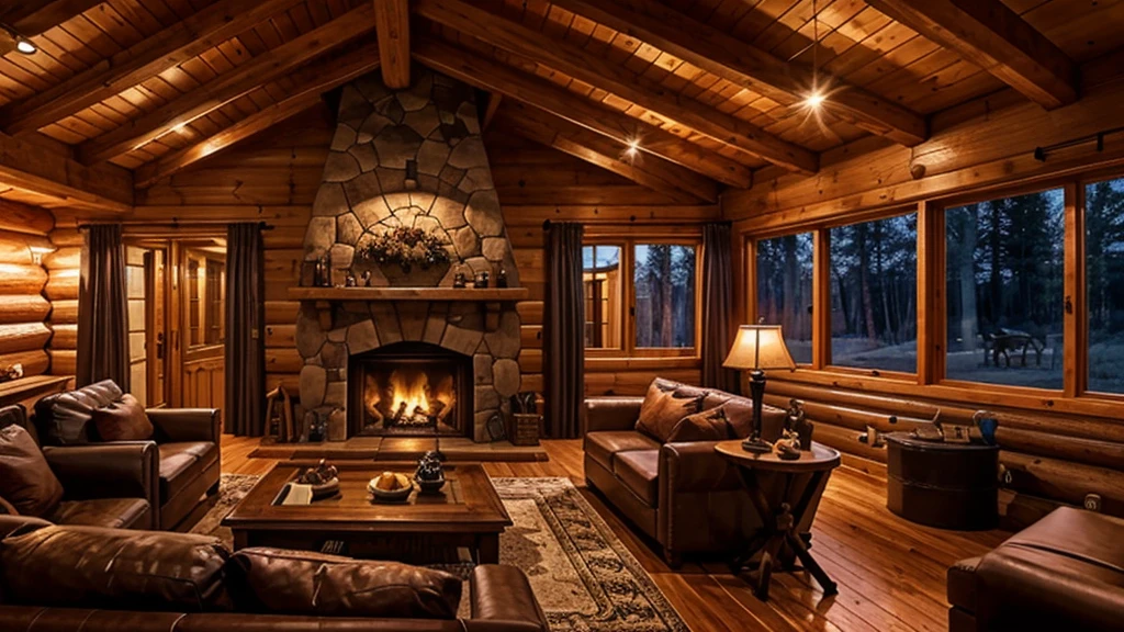 Wooden cabin living room anime background, this night outside](cozy atmosphere), (subtle lighting), bright stone fireplace fire, this best quality evening, transparent glass windows