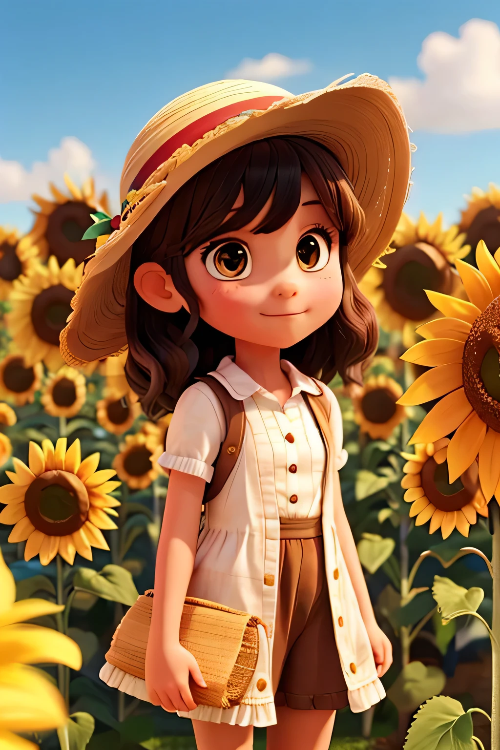 A girl wearing a straw hat holding a sunflower