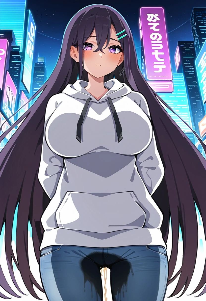 (masterpiece:1.37), best quality, (extremely detailed:1.37), woman, mature, adult, large breasts, (very long hair:1.5), dark purple hair, purple eyes, (extremely detailed eyes:1.37), hoodie, jeans, desperation, (wetting: self 3.0), standing, city, futuristic, neon lighting, high-tech