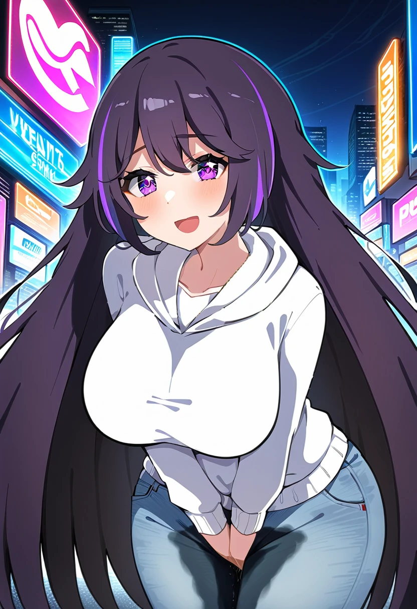 (masterpiece:1.37), best quality, (extremely detailed:1.37), woman, mature, adult, large breasts, (very long hair:1.5), dark purple hair, purple eyes, (extremely detailed eyes:1.37), hoodie, jeans, desperation, (wetting: self 3.0), standing, city, futuristic, neon lighting, high-tech