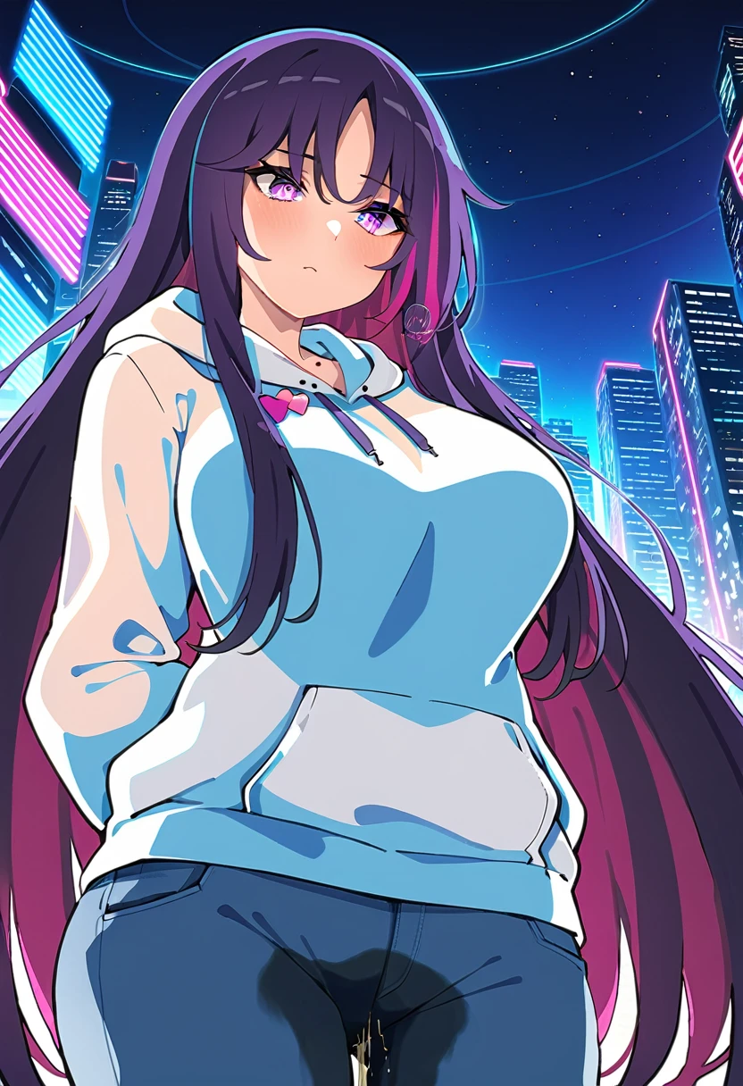 (masterpiece:1.37), best quality, (extremely detailed:1.37), woman, mature, adult, large breasts, (very long hair:1.5), dark purple hair, purple eyes, (extremely detailed eyes:1.37), hoodie, jeans, desperation, (wetting: self 3.0), standing, city, futuristic, neon lighting, high-tech
