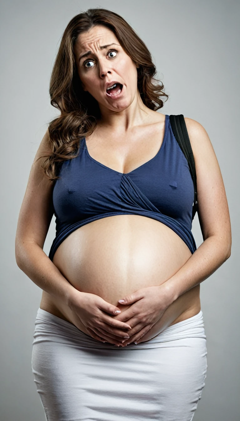 create a high resolution image of a woman with an exaggeratedly large pregnant belly and her face is scared